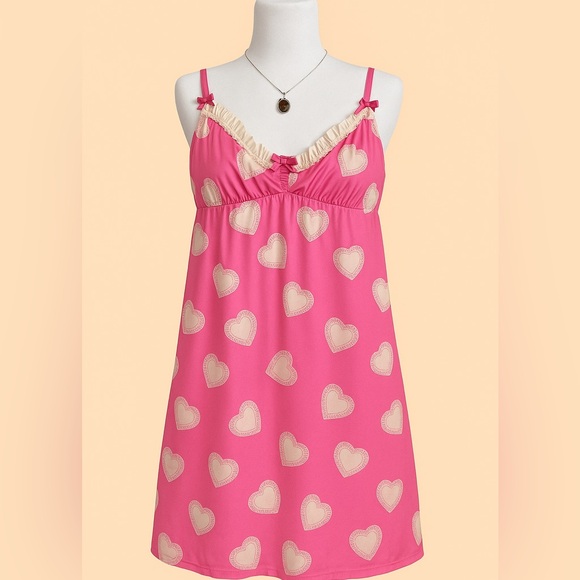 Betsey Johnson Dresses & Skirts - Betsey Johnson Intimates‎ Babydoll Slip Dress M Pink Heart Lace Y2K Vintage 00s